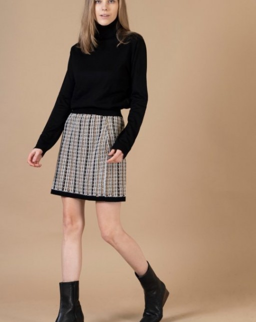 Aggel Knitwear Tweed Mini Skirt Black Camel Ivory