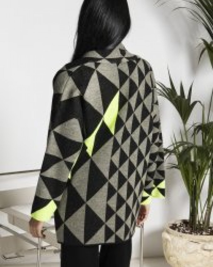 Aggel Knitwear Geometric Pattern Jacquard Cardigan Black Yellow