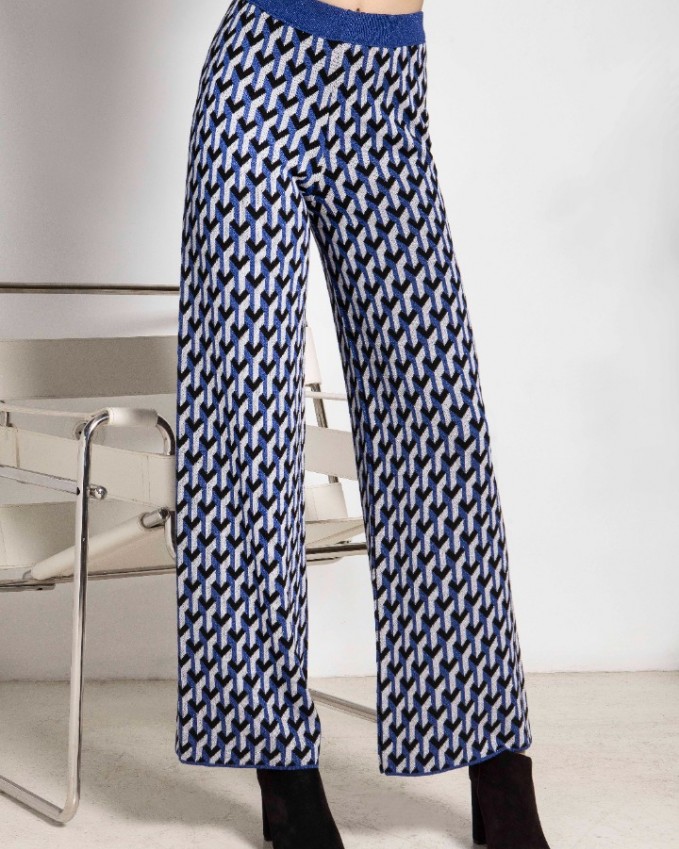 Aggel Knitwear Lurex Blend Geometric Pattern Pants Black Blue Silver